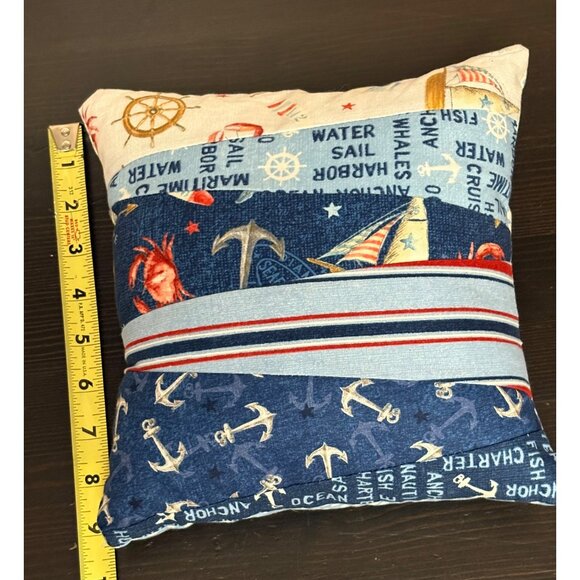 Nautical Decorative Pillow Anchor & Sailboat Pattern Handmade Cotton Blend 9"X9" - Picture 6 of 7